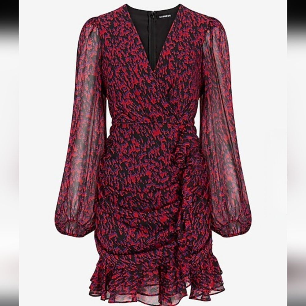 Express Abstract Print Faux Wrap Ruffle Mini Dress Red Black Purple Size Small